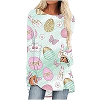 Tunic Tops for Women Easter Day Bunny Eggs Print T-Shirt Casual Long Sleeve Crewneck Shirts Plus Size Flowy Blouse