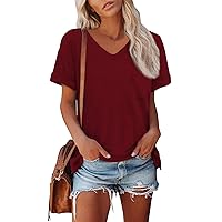 Tops for Women Trendy,Womens Tops V Neck Curled Sleeves Solid Color Loose Fit Shirts 2024 Summer Fashion Basic Tunic Chest Pocket Blouse 3/4 Length Sleeve Womens Tops