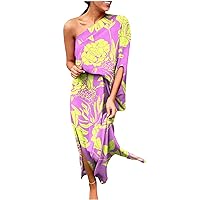 Women Hawaiian One Shoulder Half Sleeve Maxi Dress Summer Trendy Flower High Waist Split Side Casual Sheath Dresses