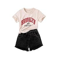 Floerns Toddler Girl's Letter Print Tee Shirts Raw Hem Denim Shorts Set 2 Piece Outfits