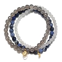 Satya Jewelry Women's Sodalite, Grey Agate, White Jade Gold Moon Stretch Bracelet Set, One Size, Blue