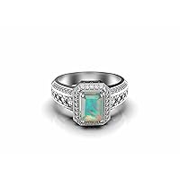Natural Ethopian White Opal And CZ Diamond Ring SI1-SI2 .Diamond Stone Clarity G-H Diamond Color 0.90 Ctw Diamond Weight 2 Ctw Emerald Cut Opal Ring