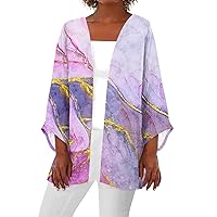 Lightweight Cardigan for Women Summer Printed 3/4 Sleeve Kimono Cardigan Open Front Blouse Casual Beach Cover Up Tops