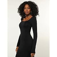 Dresses for Women Solid Long Sleeve Bodycon Maxi Dress (Color : Black, Size : Small)