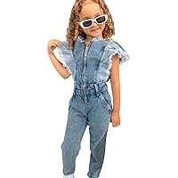 Toddler Girls Summer Flying Sleeve Jumpsuit Solid Color Jean Denim Zipper Jumpsuit Outwear Toddler Girl