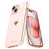 Teageo for iPhone 15 Case with Screen Protector [2 Pack] for Girl Women Cute Girly Love-Heart Luxury Gold Soft Cover Camera Protection Bumper Silicone Shockproof Phone Case for iPhone 15, Light Pink