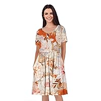 Women's Short Sleeve Empire Knee Length Dress with Pockets Peach Floral
