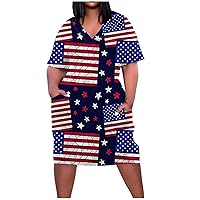 Plus Size Dress for Women Bacis Short Sleeve Colorful Stripes V Neck T Shirt Dress American Flag Dress with Pockets
