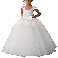 Elegant Lace Appliques Cap Sleeves Tulle Flower Girl Dress 1-14 Years Old