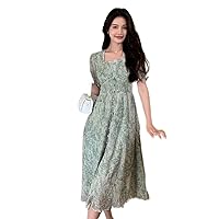 Dresses for Women - Allover Print Puff Sleeve Button Front Dress