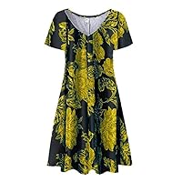 Women's Casual Dress Printed V Neck Short Sleeve Swing Knee Length Midi Dress(2-Yellow,12) 1105