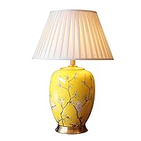 Table Lamps,Home Desk Lamp, Living Room Hotel Bedside Lamp Flower and Bird Finish, Fabric Shade, Brass Base, Ceramic Desk Lamp, Large E27 Reading Lamp/Yellow/45 * 45 * 68Cm