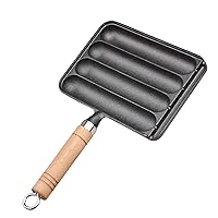 Cast Iron Grill Pan Safe 4-Grid Non Stick Quick Heating Sausage Pan with Wood Handle Anti Scald Stovetop Grill Non Slip Sturdy Sausage Grill Paella Pans