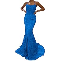 Women's Mermaid Backless Lace Long Prom Dresses 2023 Spaghetti Straps Applique Mermaid Formal Party Gown