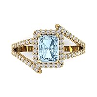 2.2 Emerald Cut Solitaire W/Accent Halo Criss Cross Natural Sky Blue Topaz Anniversary Promise Wedding ring 18K Yellow Gold