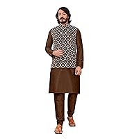 Indian Men's Regular Fit Lucknowi thread & Mirror jacket & Art Silk Self Kurta Pajama festival Sherwani 2168