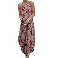 Women's Bohemian Beach Sleeveless Long Swing Round Neck Trendy Dress Casual Summer Foral Print Hawai Flowy