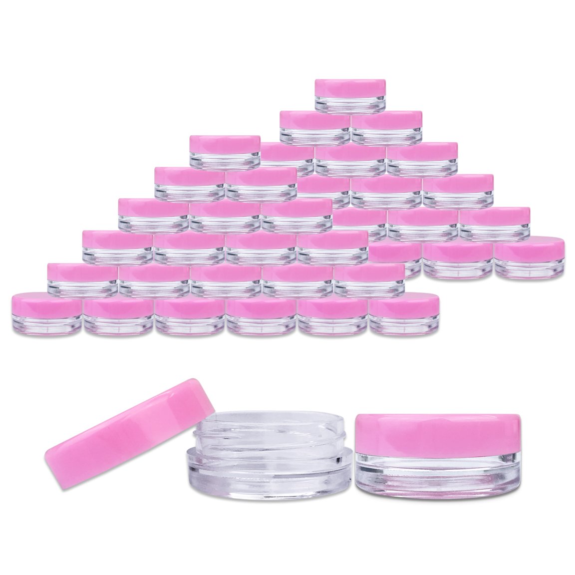Beauticom 3G/3ML Round Clear Jars with Pink Lids for Acrylic Powder, Rhinestones, Charms and Other Nail Accessories - BPA Free (Quantity: 100 Pieces)