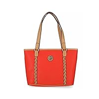 Giani Bernini Women's Orange Safiano Color Block PVC Braided Detail Metallic Logo Double Flat Strap Tote Handbag Purse