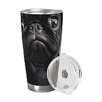 20oz Tumbler with Lid Vacuum Insulated Tumbler Cute Black Pug Dog Stainless Steel Car Cup Insulated Coffee Mug for Travel Reusable Double Walled Thermal Cup for Hot Cold Drinks