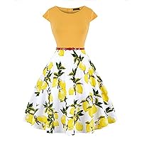 1950s Dresses for Women Vintage Cap Sleeve Floral/Fruit Print Knee Length Dress Cocktail Party Swing A-Line Dress