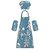 Cartoon Astronaut 3 Pcs Kids Apron Toddler Chef Painting Baking Gardening (with Pockets) Adjustable Artist Apron for Boys Girls-M