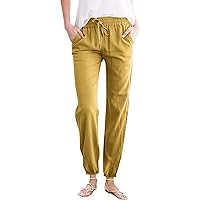 Linen Pants for Women Summer Casual Elastic Waist Drawstring Beach Pant Solid Lounge Workout Jogger Sweatpants