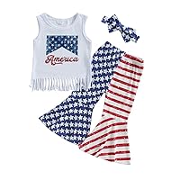 Toddler Baby Girl 4th of July Outfit Sleeveless Vest Tank Top Striped Star American Flag Bell Bottom Pants Set (American White,2-3 Years)