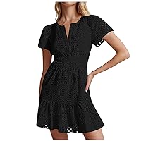 Bridal Shower Dress,Women's Casual Solid Color V Neck A Line Hollow Lace Pleated Short Sleeved Mini Dress Ruff