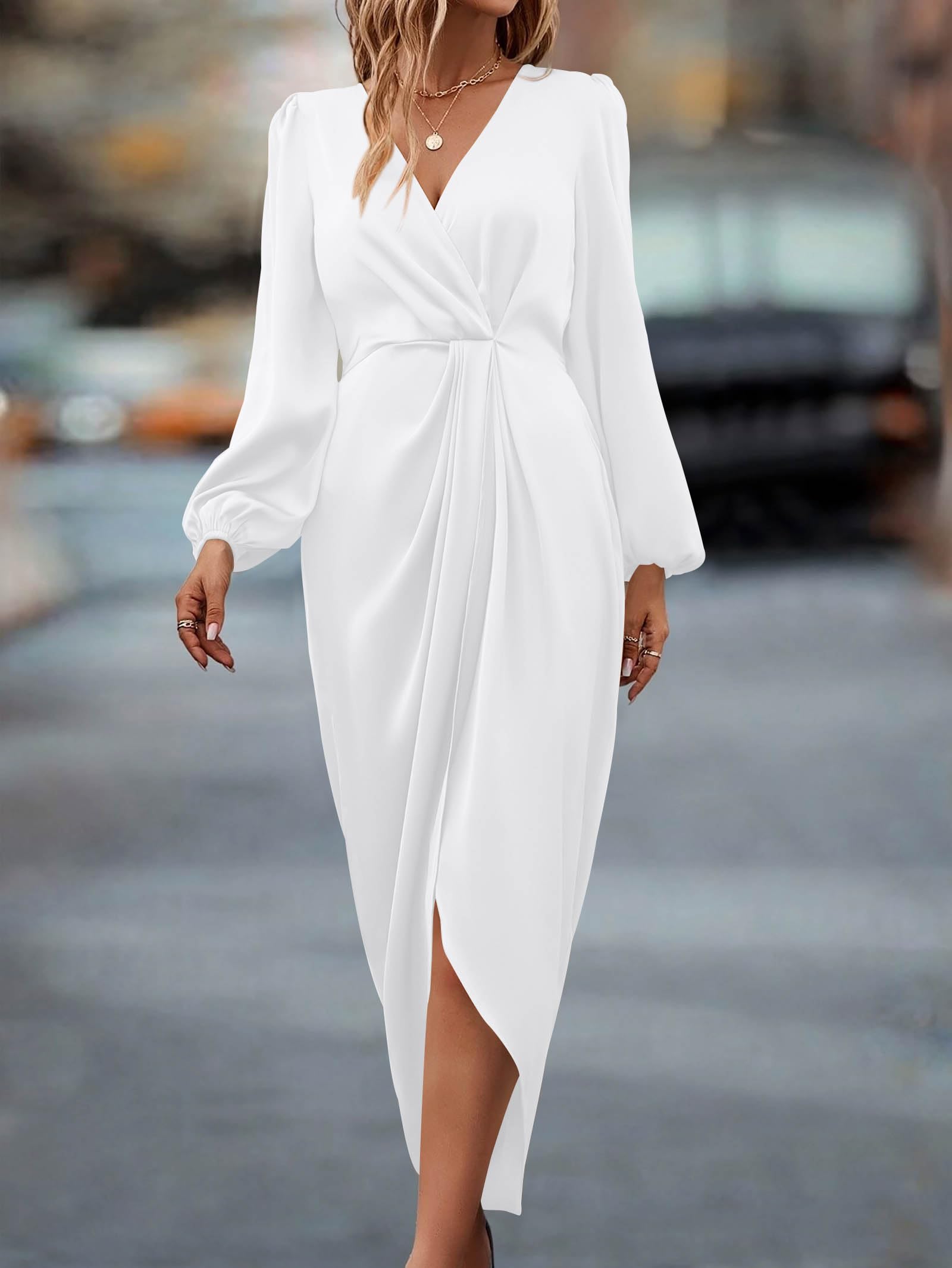WICIWI Women's Puff Long Sleeve V Neck Ruched Slit Satin Dress Formal Wedding Silk Maxi Wrap Bodycon Fall Dresses 2023