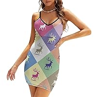 Colorful Elk Deer Women's Sling Dress Sexy V-Neck Dress Sleeveless Spaghetti Strap Mini Dress Bodycon Dresses