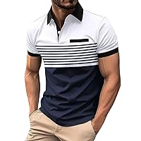 Recent Orders Men's Casual Striped Polo Shirts Classic Button Basic Short Sleeve Shirt Printed Cotton Tees Golf Stylish Tops with Pocket White