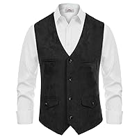 PJ PAUL JONES Men's Suede Leather Vest Casual V-Neck Single Breasted Slim Fit Western Cowboy Vest with Pockets