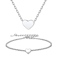 ChicSilver 925 Sterling Silver Small Dainty Heart Necklace and Bracelet Set for Women Girls