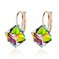 Cube Austrian Crystal Drop Leverback Earrings for Women Fashion 14K Rose Gold Plated Hypoallergenic Jewelry