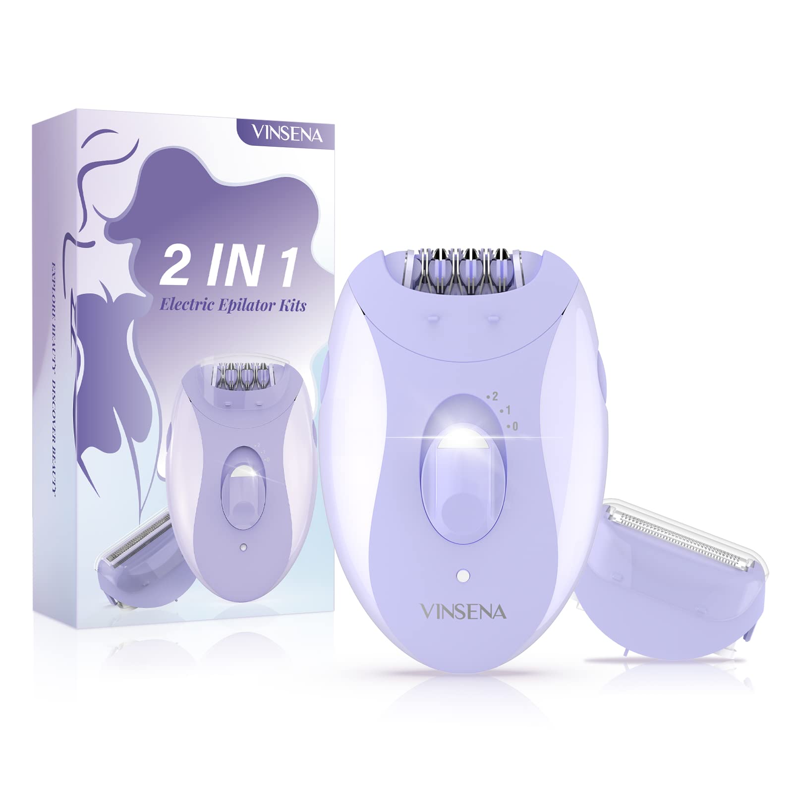 Epilator for Women, VINSENA 2 in 1 Hair Removal Epilator for Women, Cordless Ladies Electric Epilator with Epilator Head & Shaver Head, for Underarms, Legs, Arms, Bikini, with LED Light