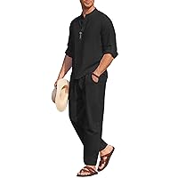 COOFANDY Men's 2 Pieces Cotton Linen Set Long Sleeve Henley Shirts Casual Beach Pants With Pockets Summer Yoga Outfits