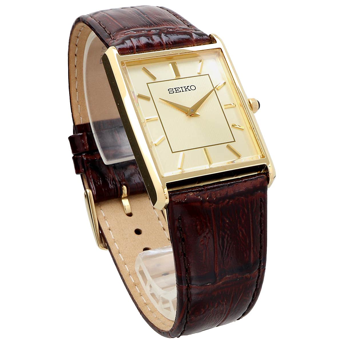 Seiko SWR064 Men's Wristwatch, Square Design, Quartz, Champagne Gold Dial x Brown Leather Band
