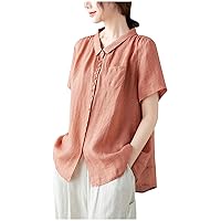 Women's Cotton Linen Button Short Sleeve Shirts Loose Crew Neck Casual Summer Boho Top Vintage Embroidered Blouse Tops