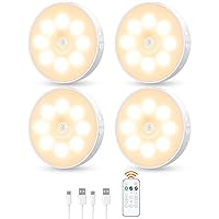 Motion Sensor Puck Light with Remote, Wireless Dimmable Under Cabinet Lights, Rechargeable Magnetic Closet Light, Stick on Night Light, 4-Pack