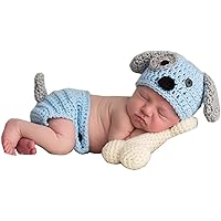 Newborn Baby Boy Girl Photo Props Outfits Crochet Knitted Dog Hat Shorts with Bone Set for Boys Girls Photography Shoot (Blue & White ，1-12 Months)