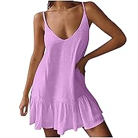 Beach Dress for Women Casual V Neck Spaghetti Strap Sleeveless Tank Mini Dress Loose Ruffle Hem Summer Beach Sundress
