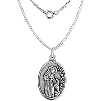 Sterling Silver St Anthony & St Francis Medal Double-sided Necklace Oxidized finish Oval 1.8mm Chain