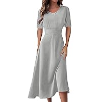Spring Dresses for Women 2024 V Neck Solid Color High Waist Dresses Short Sleeve Flowy Long Swing Dress Casual Dress