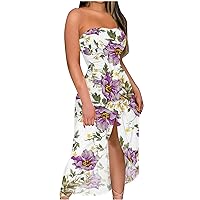 Strapless Dresses for Womens Summer Tie Dye Bandeau Long Dresses Ladies Sexy Ruched High Slit Party Club Dresses