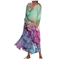 Summer Dresses for Women 2024 Printed 3/4 Sleeve Dress with Pocket Trendy Flowy Beach Dress Casual Swing Dresses