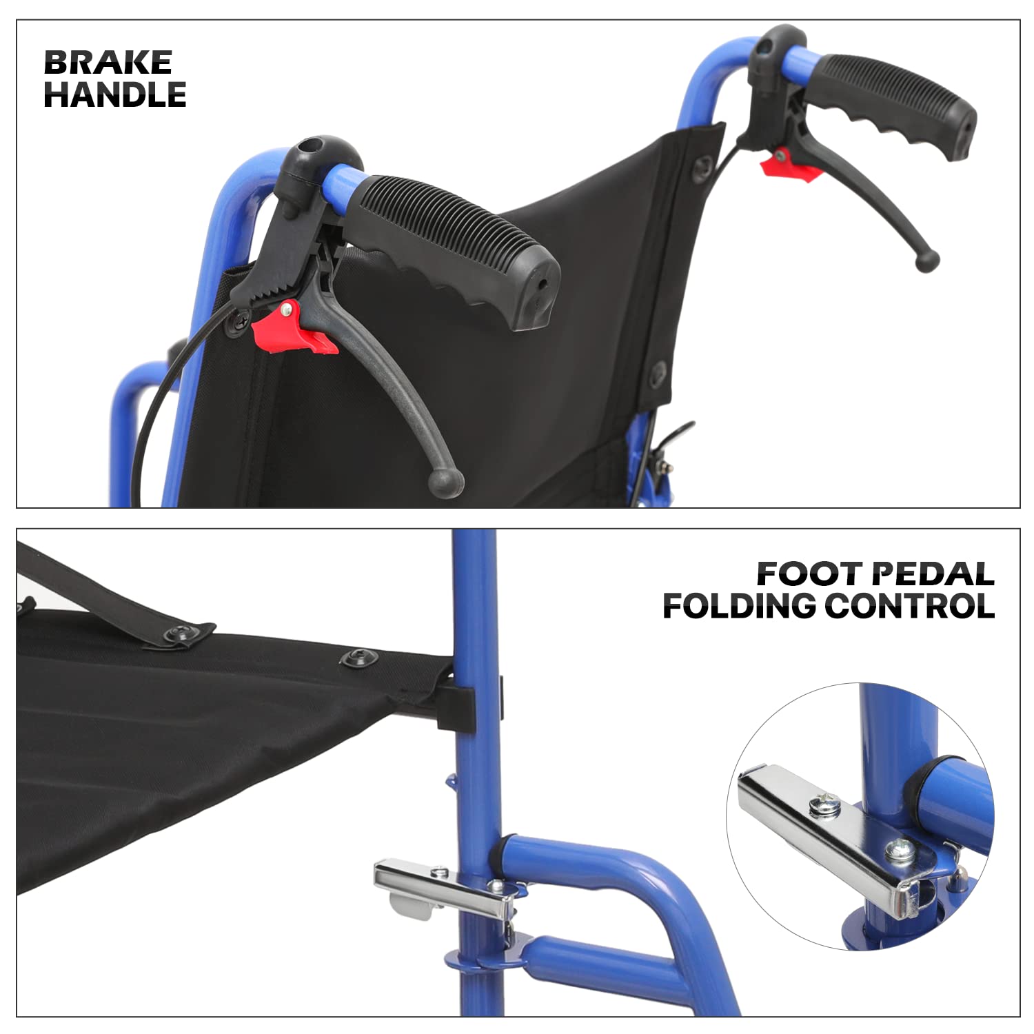 MoNiBloom Lightweight Wheelchair 16 inch Seat Ultralight Transport Chair with Locking Hand Brakes and Swing-Away Foot Rests Foldable Wheel Chair for Adults, 250 lbs Capacity, Blue