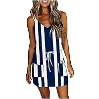 Women's Summer Casual Fashion Gradient Stripe Print Pocket Suspender Waist Drawstring Casual Dress(Blue-D,X-Large)