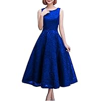 Women's Sleeveless Round Collar Lace and Calf Long Prom Dresses