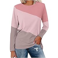 2024 Color Block Tunic Tops for Women Casual Long Sleeve Shirts Dressy Crewneck Spring Fashion Trendy Loose Blouse